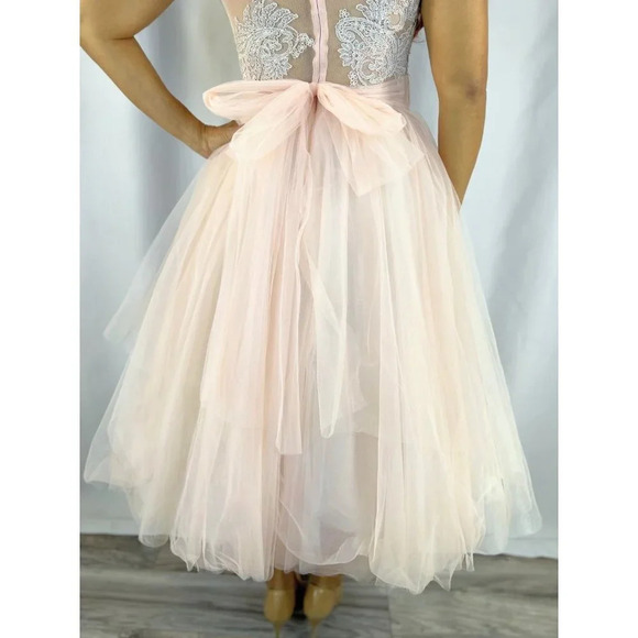NEW O'Blanc Pink Silver Lace Tulle Formal Midi Dress $1440 - Picture 10 of 14